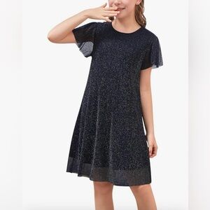 NWT GORLYA Girls Glittery Mesh Ruffle Sleeve Dress, Navy, Size 4